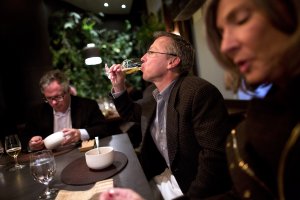 Jack Jachimowicz, of Middletown, NJ, drinks a glass of Chateau de Hautville cider during a tasting menu service at Atera in New York, NY on Oct. 26, 2013. The cider was paired with dried beets.  A matching drink service pairs various alcoholic beverages with each course, and Beverage Director Scott Cameron describes each beverage for the clientele as they are served.