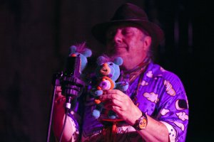 Charlemagne Palestine performs with audio-emitting bear dolls at Issue Project Room in Brooklyn, NY on Sept. 3, 2013. Jazz musician Joe McPhee and poet Steve Dalachinsky also performed.