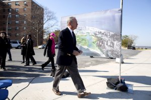 Mayor Michael R. Bloomberg visits a parks department project to build sand dunes at Crescent Beach in Staten Island, NY on Oct. 29, 2013. Bloomberg visited storm-affected sites in Staten Island, The Rockaways and Coney Island on the anniversary of Hurricane Sandy.