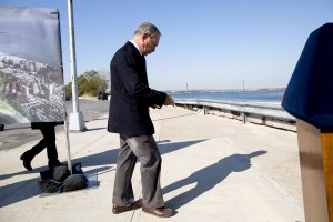 Mayor Michael R. Bloomberg approaches a podium to give a speech near the mouth of Coney Island Creek in Brooklyn, NY on Oct. 29, 2013. Bloomberg visited storm-affected sites in Staten Island, The Rockaways and Coney Island on the anniversary of Hurricane Sandy.