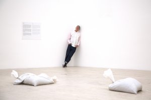 Kit Hammonds, chief curator of Museo Jumex, poses in an exhibition space being prepared for the museum's 10th anniversary show "Everything Gets Lighter", opening Nov. 18, at Museo Jumex in Mexico City, Mexico on Sept. 26, 2023. Museo Jumex draws financial support from Eugenio López Alonso, whose family made a fortune with its Grupo Jumex juice business.
