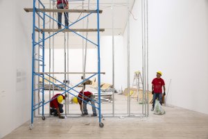 Workers prepare an exhibition space to be used in Museo Jumex's 10th anniversary show "Everything Gets Lighter", opening Nov. 18, at Museo Jumex in Mexico City, Mexico on Sept. 26, 2023. Museo Jumex, whose chief curator is Kit Hammonds, draws financial support from Eugenio López Alonso, whose family made a fortune with its Grupo Jumex juice business.