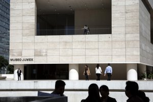 People circulate outside the Museo Jumex in Mexico City, Mexico on Sept. 26, 2023. Museo Jumex, whose chief curator is Kit Hammonds, will open its 10th anniversary show "Everything Gets Lighter" on Nov. 18. The museum draws financial support from Eugenio López Alonso, whose family made a fortune with its Grupo Jumex juice business.